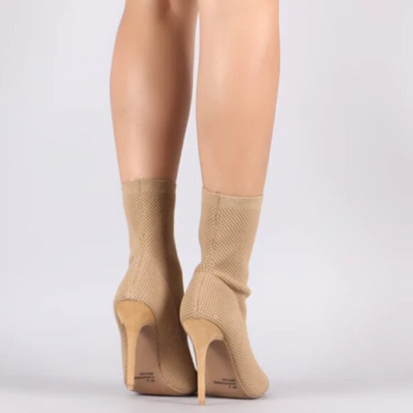 Qupid Knit Peep Toe Suede Stiletto Ankle Boots 6.5 tan sock boots heels - Picture 3 of 11